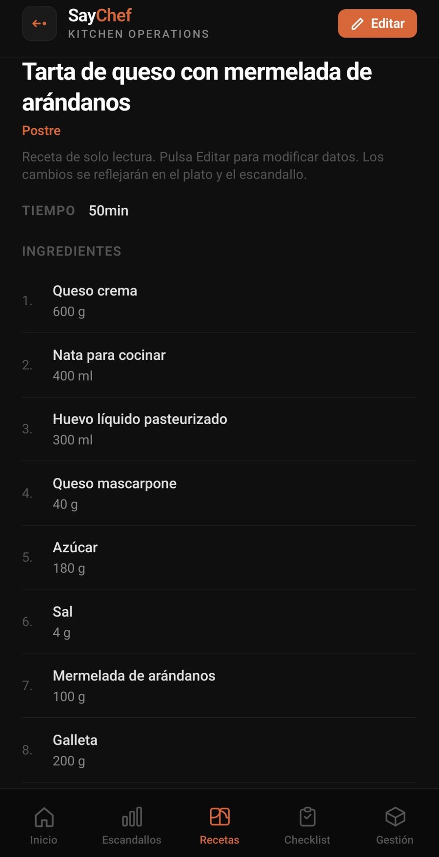 Ingredientes de una receta en SayChef