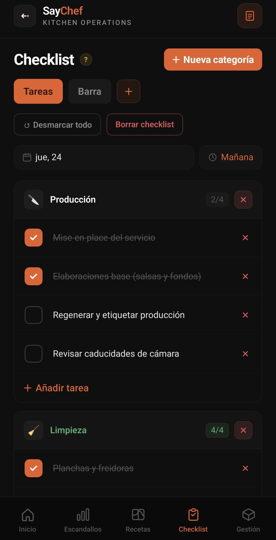 Checklist de cocina en SayChef