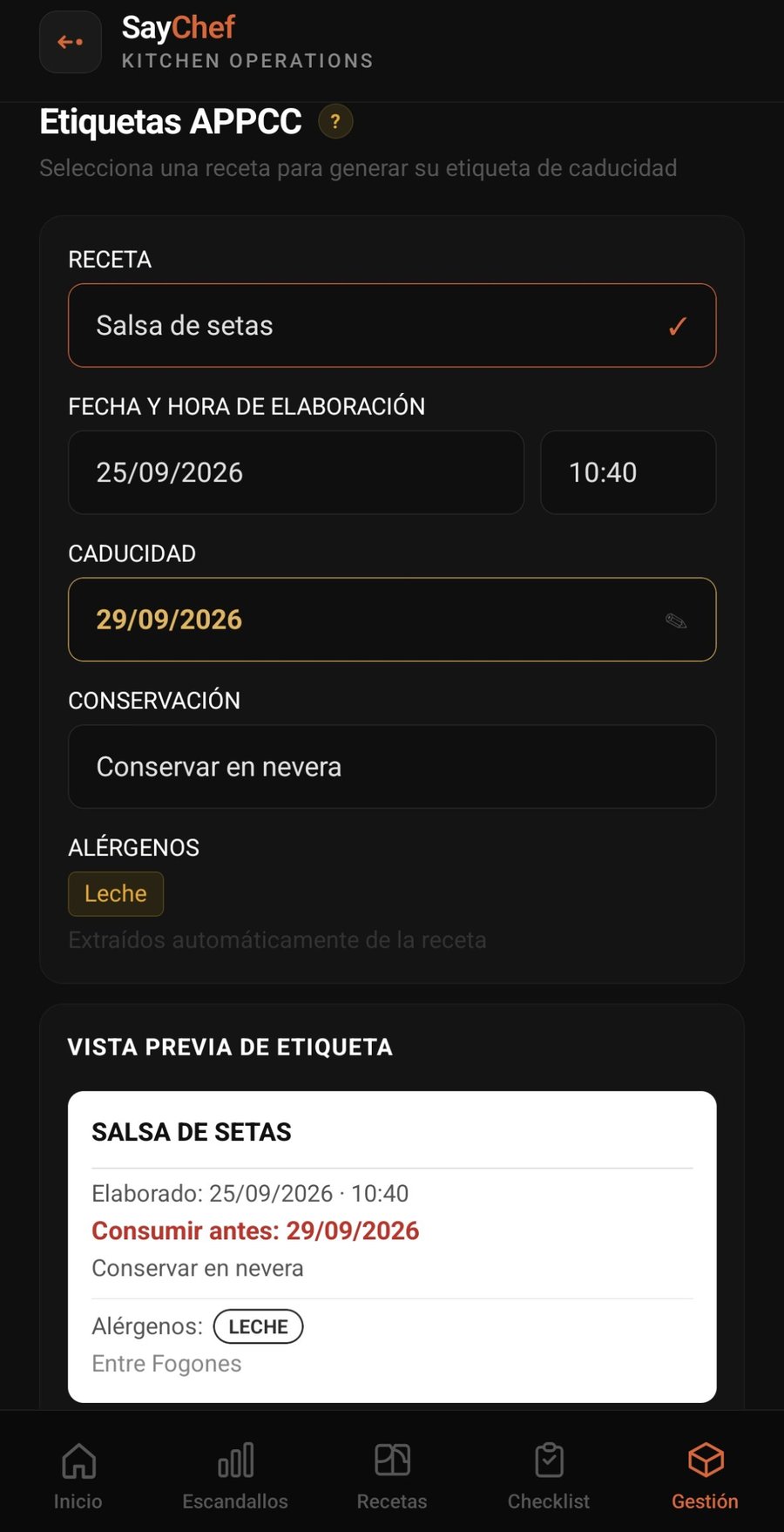 Etiquetas APPCC en SayChef