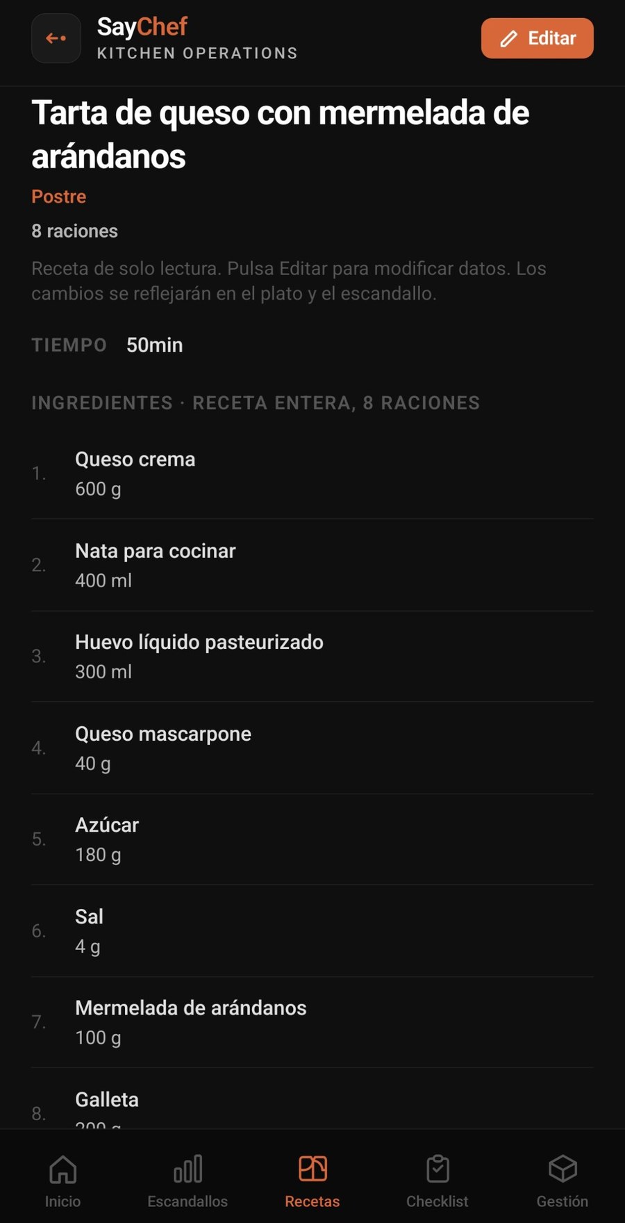 Ingredientes de una receta en SayChef