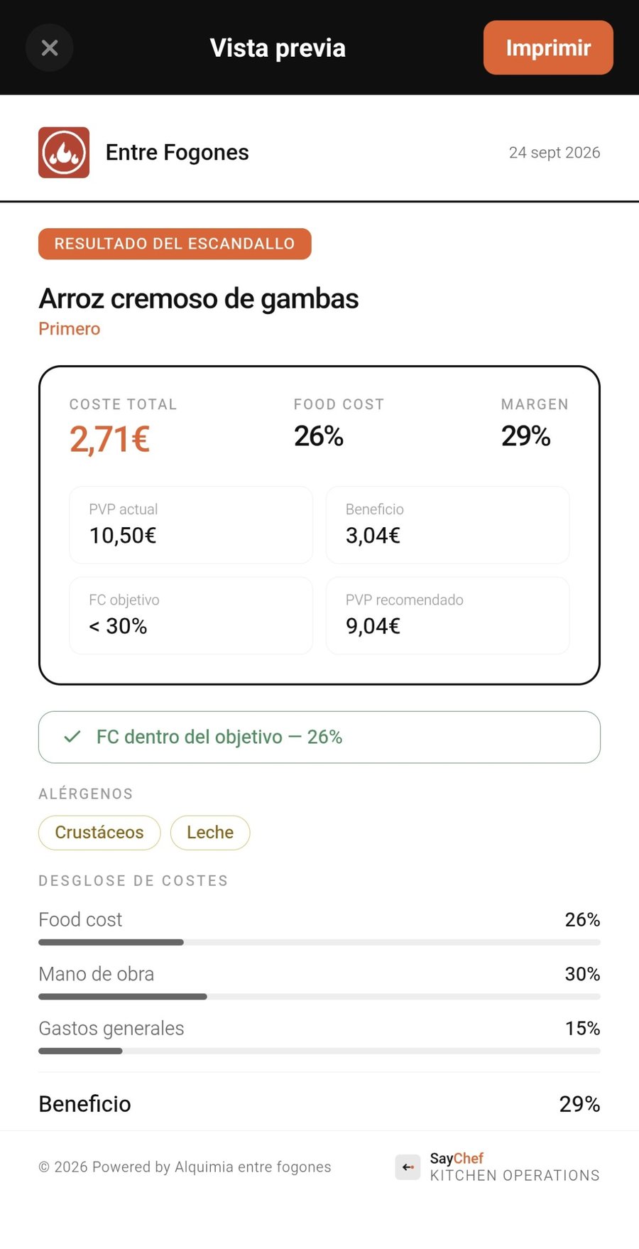 Escandallo exportado en PDF desde SayChef