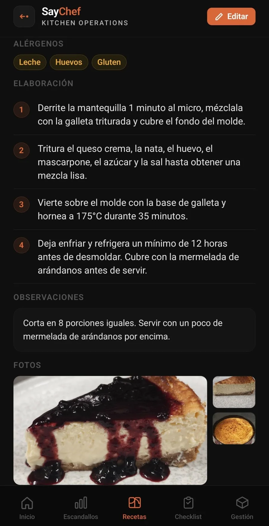 Elaboración y fotos de una receta en SayChef