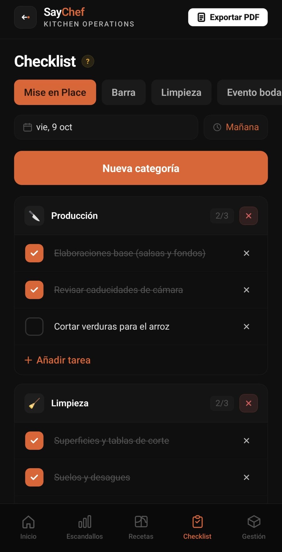 Checklist de cocina en SayChef