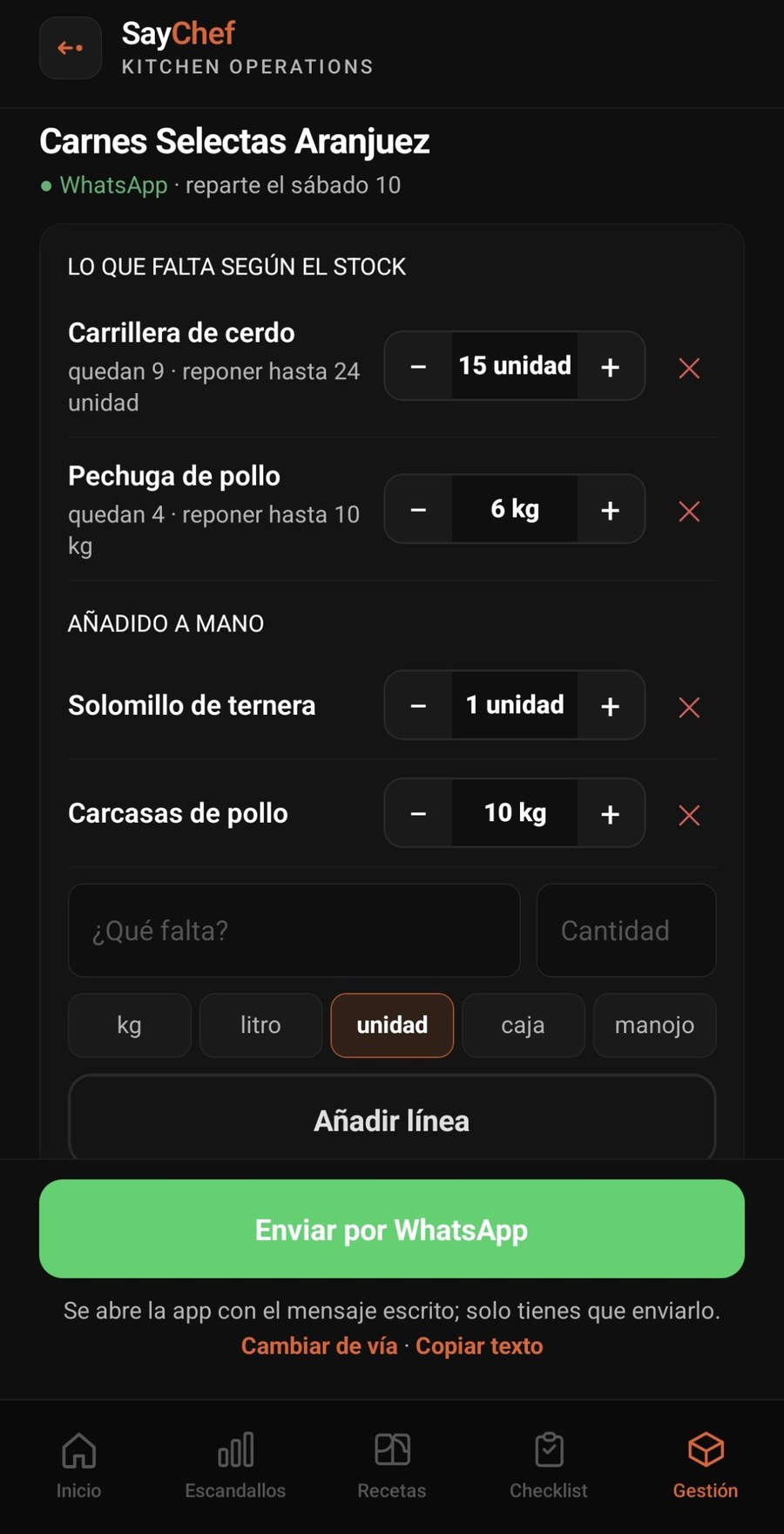 Pedido a proveedor en SayChef