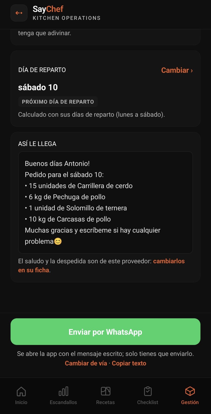 Pedido listo para enviar por WhatsApp desde SayChef