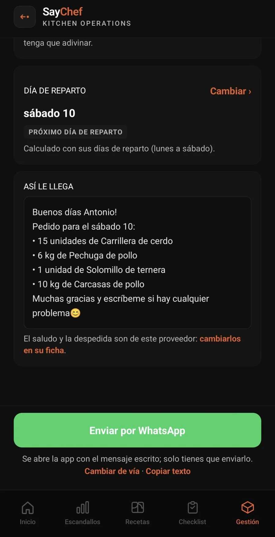 Pedido listo para enviar por WhatsApp desde SayChef