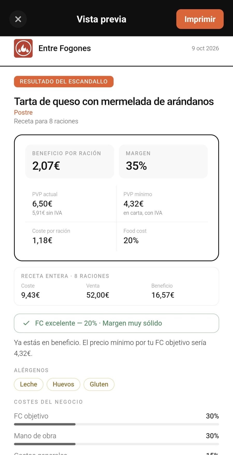 Escandallo exportado en PDF desde SayChef