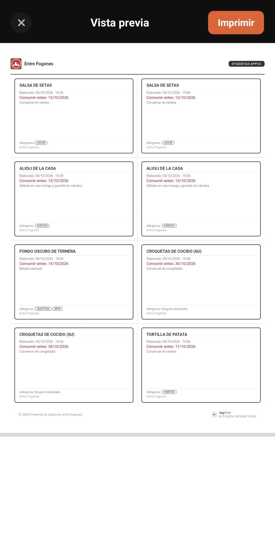 Hoja de etiquetas APPCC lista para imprimir desde SayChef