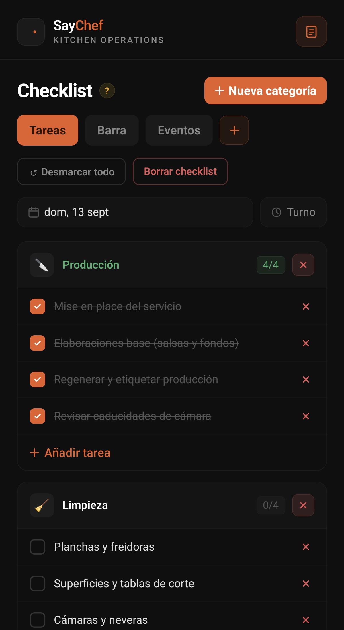 Checklist de cocina en SayChef