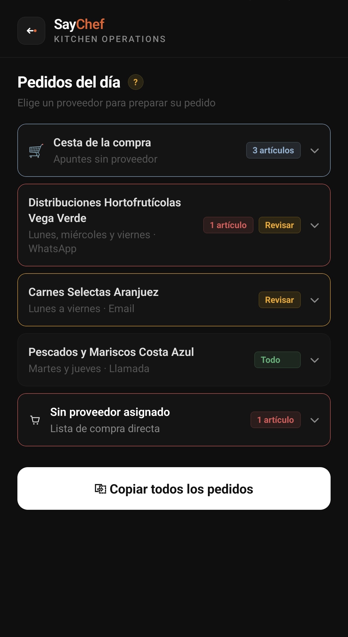 Pedidos del día en SayChef