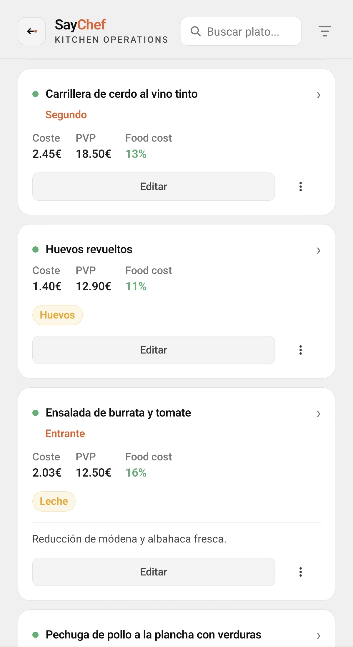 Ficha de plato en SayChef