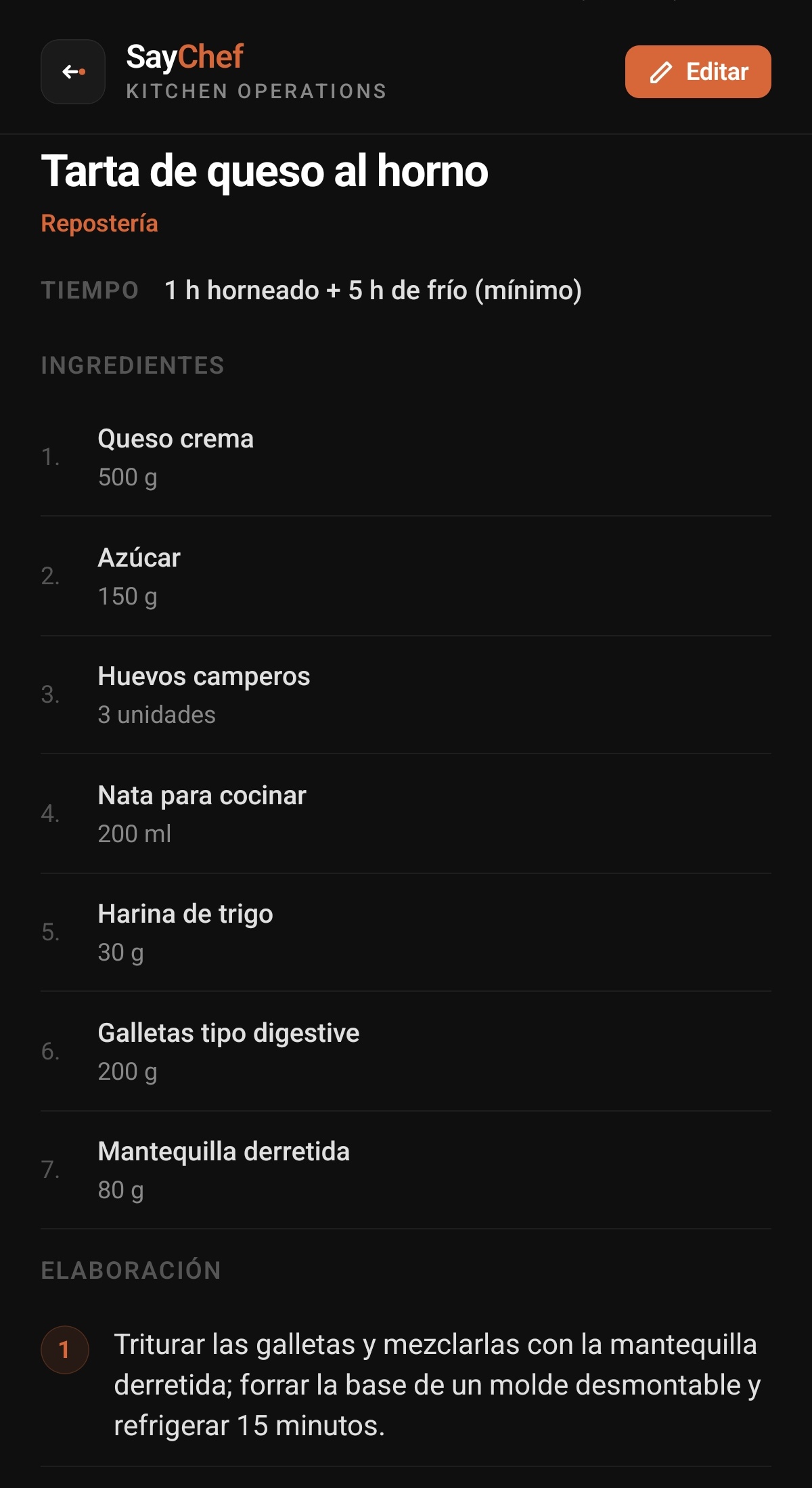 Ingredientes de una receta en SayChef