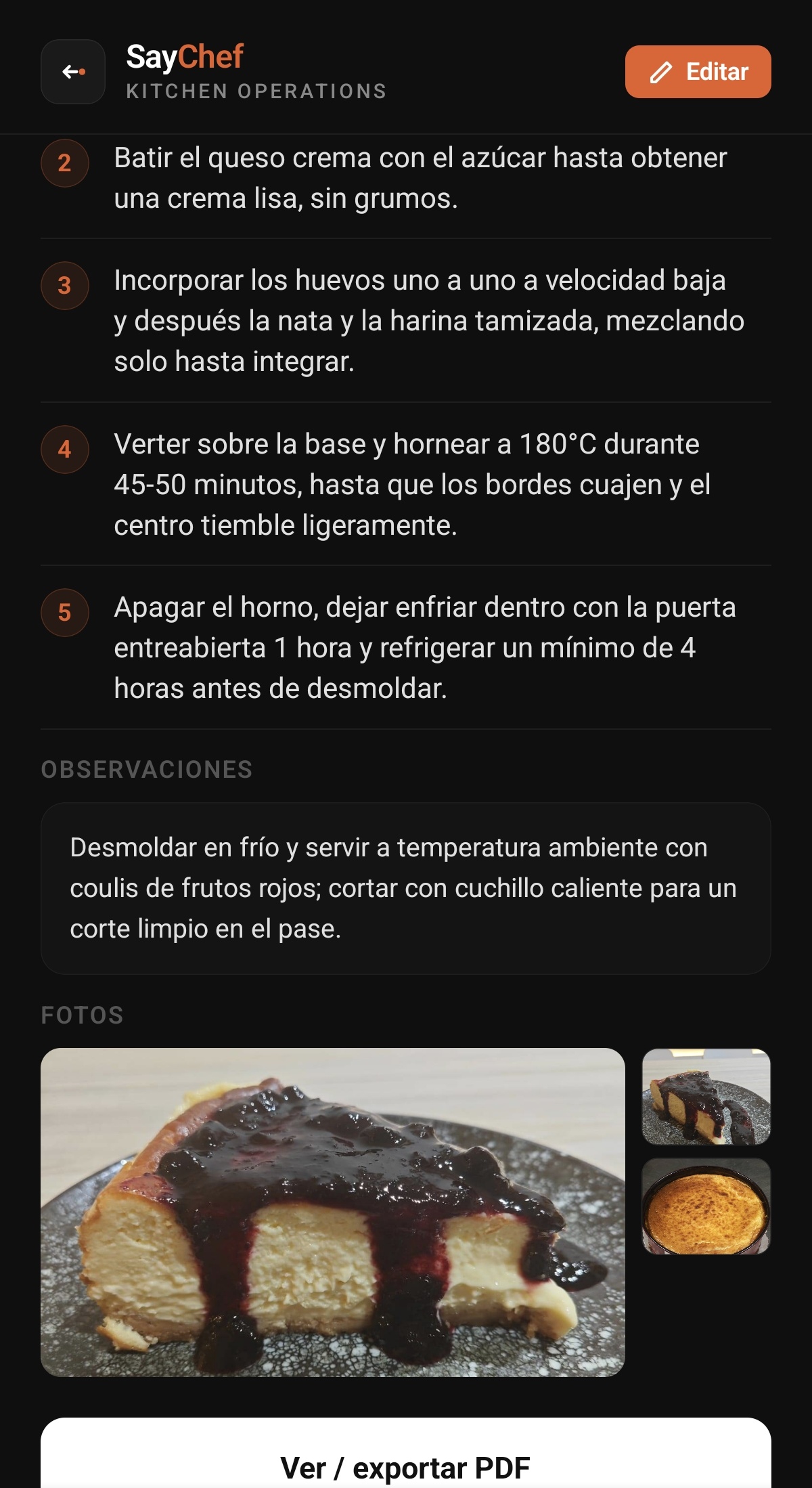 Pasos de elaboración con foto en SayChef